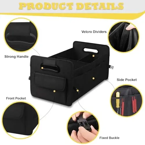 JiatuA Car Trunk Organizer, Car Organizers and Storage Collapsible Multi Compartment Container Box, Adjustable Car Accessories for SUV Sedan Truck, Standard Size, Black - 4