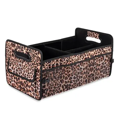 JiatuA Car Trunk Organizer, Car Organizers and Storage Collapsible Multi Compartment Container Box, Adjustable Car Accessories for SUV Sedan Truck, Standard Size, Leopard print 