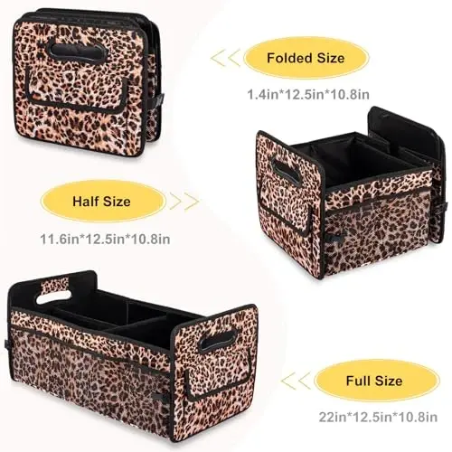 JiatuA Car Trunk Organizer, Car Organizers and Storage Collapsible Multi Compartment Container Box, Adjustable Car Accessories for SUV Sedan Truck, Standard Size, Leopard print - 6