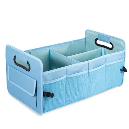 JiatuA Car Trunk Organizer, Car Organizers and Storage Collapsible Multi Compartment Container Box, Adjustable Car Accessories for SUV Sedan Truck, Standard Size, Light Blue - 1
