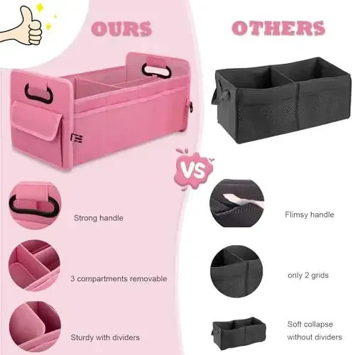 JiatuA Car Trunk Organizer, Car Organizers and Storage Collapsible Multi Compartment Container Box, Adjustable Car Accessories for SUV Sedan Truck, Standard Size, Pink - 5