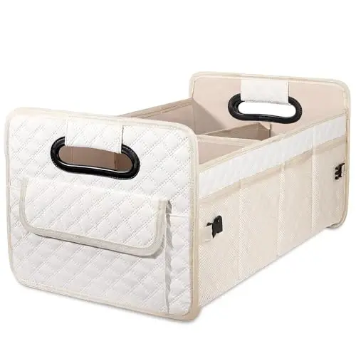 JiatuA Car Trunk Organizer for SUV, Car Storage Organizer Collapsible Multi Compartment Container Box Adjustable Car Accessories for Women Men, Beige | Sturdy, Large Capacity, Diamond Decor, Multi Compartment Container Box Adjustable Car Accessories - 1