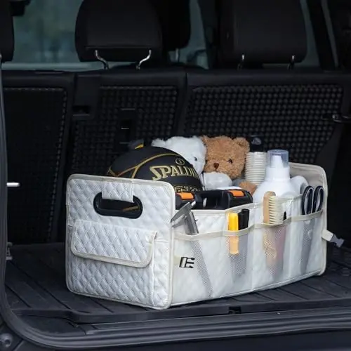 JiatuA Car Trunk Organizer for SUV, Car Storage Organizer Collapsible Multi Compartment Container Box Adjustable Car Accessories for Women Men, Beige | Sturdy, Large Capacity, Diamond Decor, Multi Compartment Container Box Adjustable Car Accessories - 3