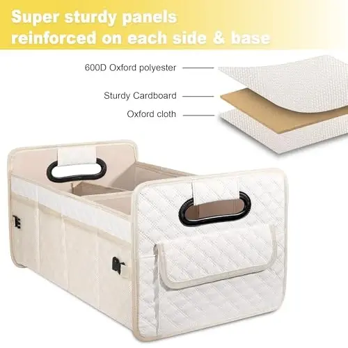 JiatuA Car Trunk Organizer for SUV, Car Storage Organizer Collapsible Multi Compartment Container Box Adjustable Car Accessories for Women Men, Beige | Sturdy, Large Capacity, Diamond Decor, Multi Compartment Container Box Adjustable Car Accessories - 4
