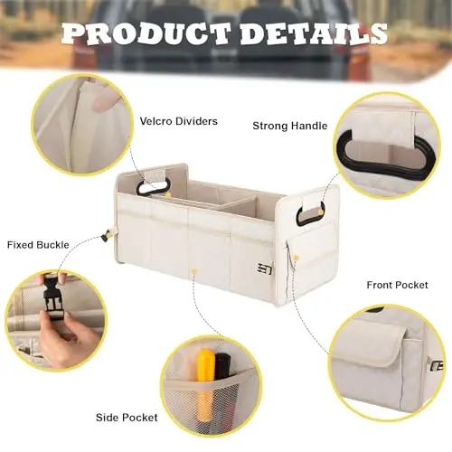 JiatuA Car Trunk Organizer for SUV, Car Storage Organizer Collapsible Multi Compartment Container Box Adjustable Car Accessories for Women Men, Beige | Sturdy, Large Capacity, Diamond Decor, Multi Compartment Container Box Adjustable Car Accessories - JIATUA (1)