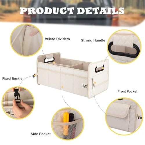 JiatuA Car Trunk Organizer for SUV, Car Storage Organizer Collapsible Multi Compartment Container Box, Adjustable Car Accessories for Women/Men, Beige - JiatuA (1)