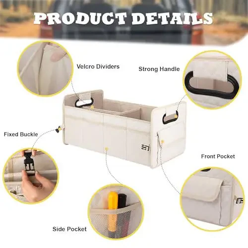 JiatuA Car Trunk Organizer for SUV, Car Storage Organizer Collapsible Multi Compartment Container Box, Adjustable Car Accessories for Women/Men, Beige - 2