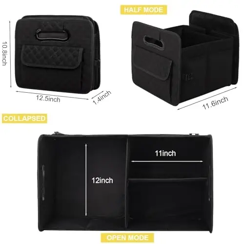 JiatuA Car Trunk Organizer for SUV, Car Storage Organizer Collapsible Multi Compartment Container Box, Adjustable Car Accessories for Women/Men, Black 