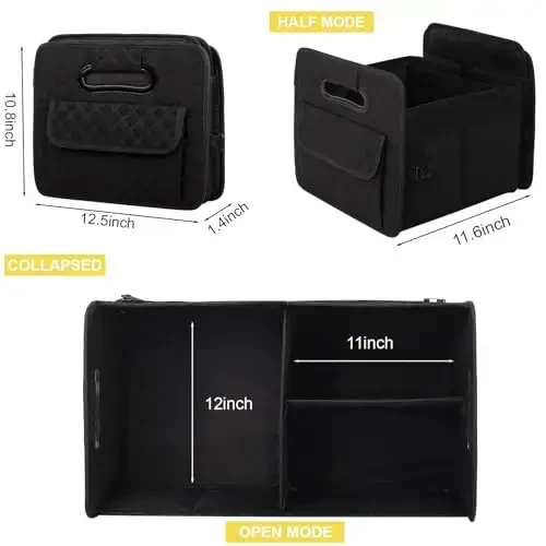 JiatuA Car Trunk Organizer for SUV, Car Storage Organizer Collapsible Multi Compartment Container Box, Adjustable Car Accessories for Women/Men, Black - 6