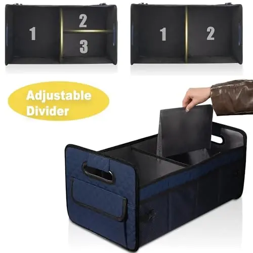 JiatuA Car Trunk Organizer for SUV, Car Storage Organizer Collapsible Multi Compartment Container Box, Adjustable Car Accessories for Women/Men, Dark Blue 