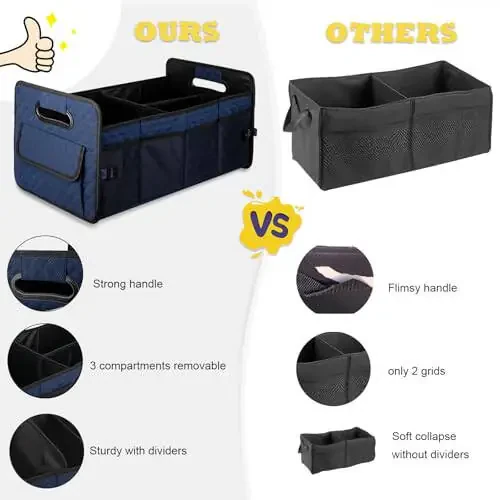 JiatuA Car Trunk Organizer for SUV, Car Storage Organizer Collapsible Multi Compartment Container Box, Adjustable Car Accessories for Women/Men, Dark Blue - 3