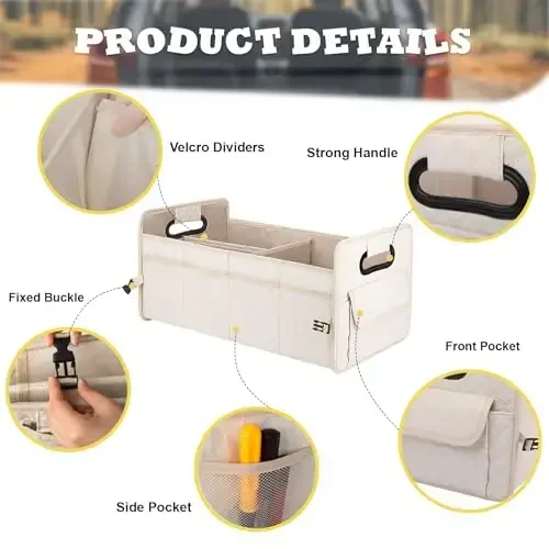 JiatuA Car Trunk Organizer for SUV, Car Storage Organizer Collapsible Multi Compartment Container Box, Adjustable Car Accessories for Women/Men, Large Beige - 2