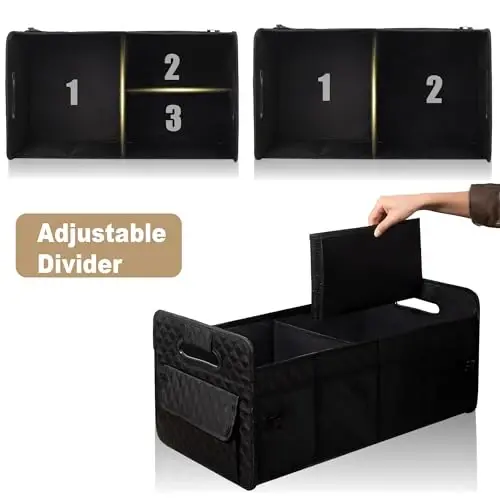 JiatuA Car Trunk Organizer for SUV, Car Storage Organizer Collapsible Multi Compartment Container Box, Adjustable Car Accessories for Women/Men, Large Black 