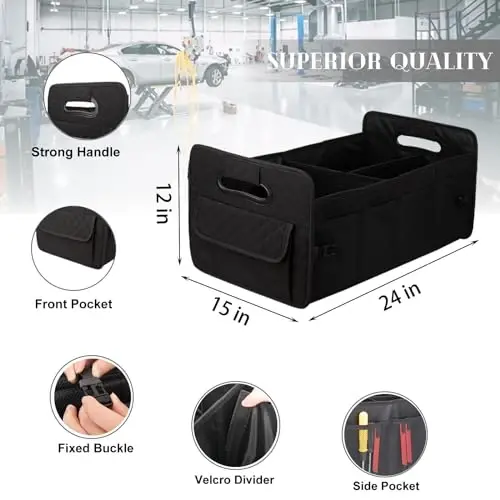 JiatuA Car Trunk Organizer for SUV, Car Storage Organizer Collapsible Multi Compartment Container Box, Adjustable Car Accessories for Women/Men, Large Black - 3