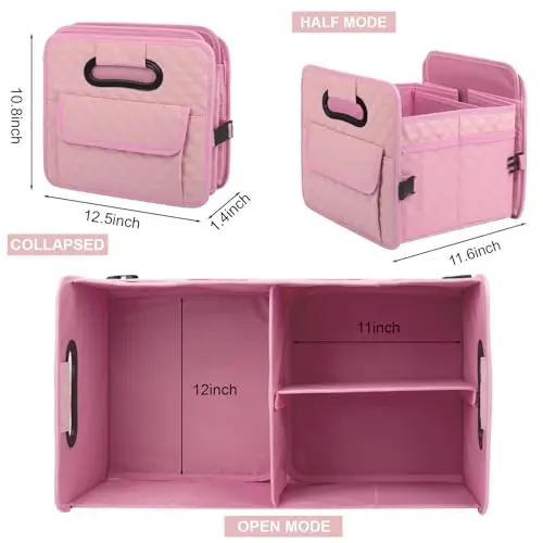 JiatuA Car Trunk Organizer for SUV, Car Storage Organizer Collapsible Multi Compartment Container Box, Adjustable Car Accessories for Women/Men, Pink 