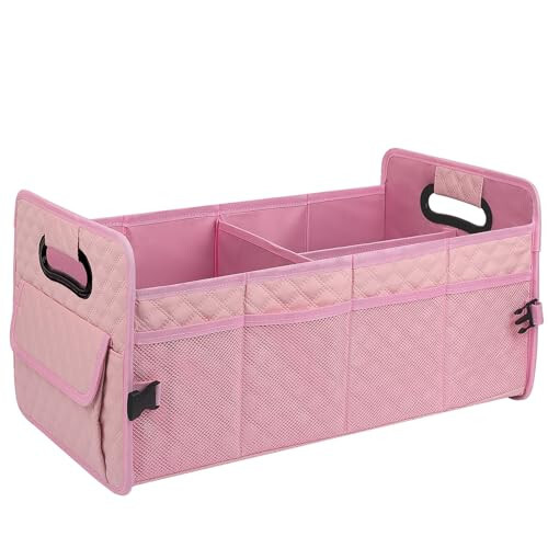 JiatuA Car Trunk Organizer for SUV, Car Storage Organizer Collapsible Multi Compartment Container Box, Adjustable Car Accessories for Women/Men, Pink - 1