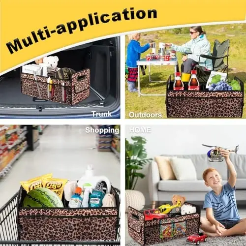 JiatuA Car Trunk Organizers and Storage Collapsible Multi Compartment Container Box, Adjustable Car Accessories for SUV Sedan Truck, Large Size, Leopard Print - 3