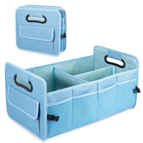 JiatuA Car Trunk Organizers and Storage Collapsible Multi Compartment Container Box, Adjustable Car Accessories for SUV Sedan Truck, Large Size, Light Blue 