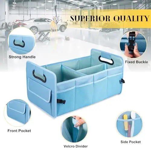 JiatuA Car Trunk Organizers and Storage Collapsible Multi Compartment Container Box, Adjustable Car Accessories for SUV Sedan Truck, Large Size, Light Blue - 4