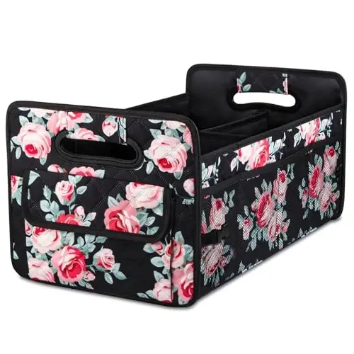 JiatuA Car Trunk Organizers and Storage for SUV, Collapsible Multi Compartment Container Box Adjustable Car Accessories for Women Men, Black Floral 