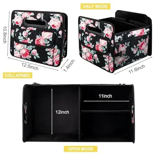 JiatuA Car Trunk Organizers and Storage for SUV, Collapsible Multi Compartment Container Box Adjustable Car Accessories for Women Men, Black Floral - 4