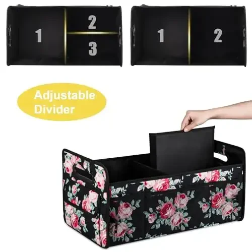 JiatuA Car Trunk Organizers and Storage for SUV, Collapsible Multi Compartment Container Box Adjustable Car Accessories for Women Men, Black Floral - 5