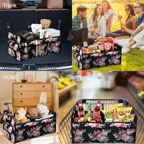 JiatuA Car Trunk Organizers and Storage for SUV, Collapsible Multi Compartment Container Box Adjustable Car Accessories for Women Men, Black Floral - 6