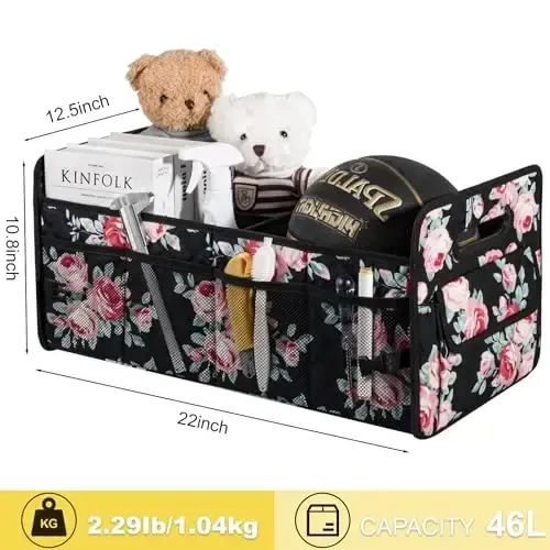 JiatuA Car Trunk Organizers and Storage for SUV, Collapsible Multi Compartment Container Box Adjustable Car Accessories for Women Men, Black Floral - 7
