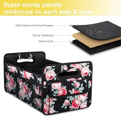 JiatuA Car Trunk Organizers and Storage for SUV, Collapsible Multi Compartment Container Box Adjustable Car Accessories for Women Men, Black Floral - 3