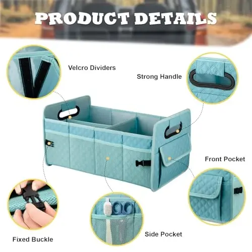 JiatuA Car Trunk Organizers and Storage for SUV, Collapsible Multi Compartment Container Box Adjustable Car Accessories for Women Men, Lake Blue - 3