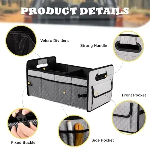 JiatuA Car Trunk Organizers and Storage for SUV, Collapsible Multi Compartment Container Box Adjustable Car Accessories for Women Men, Light Grey - 4