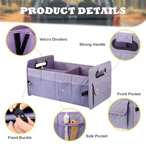 JiatuA Car Trunk Organizers and Storage for SUV, Collapsible Multi Compartment Container Box Adjustable Car Accessories for Women Men, Light Purple - 3