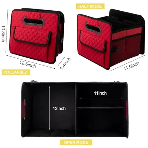 JiatuA Car Trunk Organizers and Storage for SUV, Collapsible Multi Compartment Container Box Adjustable Car Accessories for Women Men, Red - 5