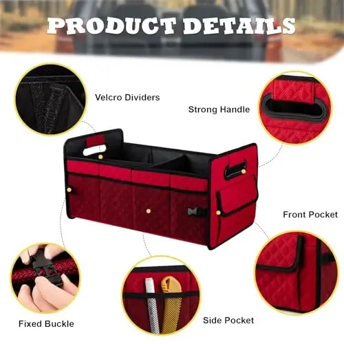 JiatuA Car Trunk Organizers and Storage for SUV, Collapsible Multi Compartment Container Box Adjustable Car Accessories for Women Men, Red - 2