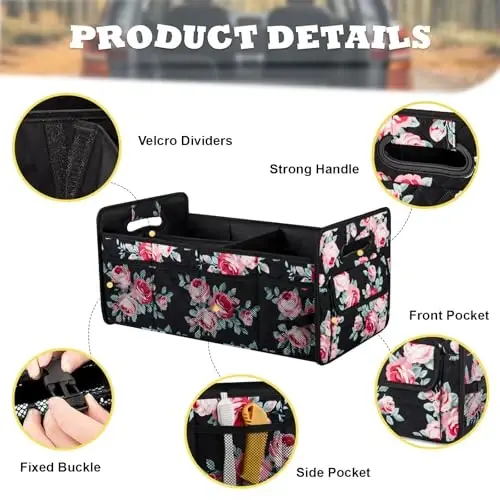JiatuA Car Trunk Organizers and Storage Yiqiladigan Multi Bo'linmali Konteyner Quti, SUV Sedan Yuk mashinasi uchun sozlanishi mumkin bo'lgan avtomobil aksessuarlari, Standart o'lcham, Qora Floral - JIATUA (1)