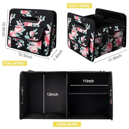 JiatuA Car Trunk Organizers and Storage Yiqiladigan Multi Bo'linmali Konteyner Quti, SUV Sedan Yuk mashinasi uchun sozlanishi mumkin bo'lgan avtomobil aksessuarlari, Standart o'lcham, Qora Floral - 5