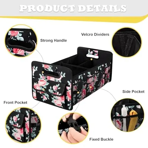 JiatuA Car Trunk Organizers and Storage Yiqiladigan Multi Bo'linmali Konteyner Quti, SUV Sedan Yuk mashinasi uchun sozlanishi mumkin bo'lgan avtomobil aksessuarlari, Standart o'lcham, Qora Floral - 3