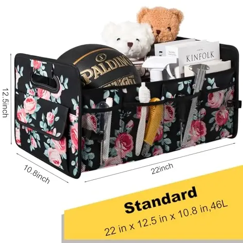JiatuA Car Trunk Organizers and Storage Yiqiladigan Multi Bo'linmali Konteyner Quti, SUV Sedan Yuk mashinasi uchun sozlanishi mumkin bo'lgan avtomobil aksessuarlari, Standart o'lcham, Qora Floral - 4