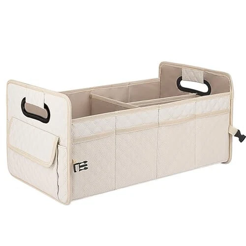 JiatuA Car Trunk Organizer for SUV, Car Storage Organizer Collapsible Multi Compartment Container Box Adjustable Car Accessories for Women Men, Beige 
