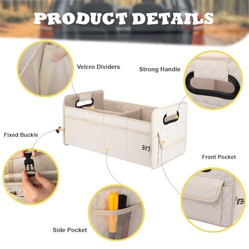 JiatuA Car Trunk Organizer for SUV, Car Storage Organizer Collapsible Multi Compartment Container Box Adjustable Car Accessories for Women Men, Beige - JIATUA (1)
