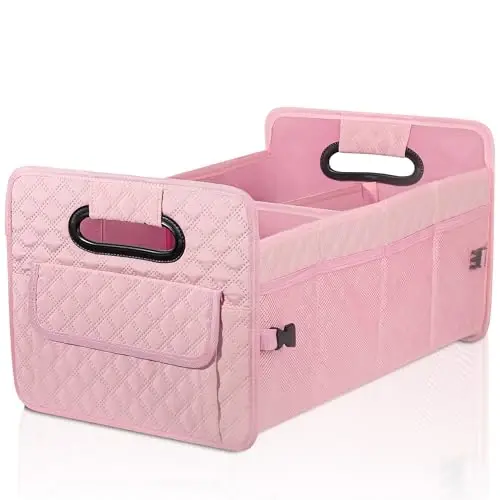 JiatuA Car Trunk Organizer for SUV, Car Storage Organizer Collapsible Multi Compartment Container Box, Adjustable Car Accessories for Women/Men, Pink 