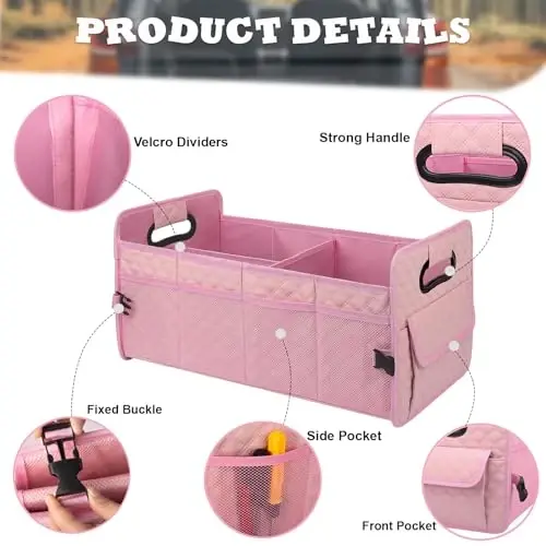 JiatuA Car Trunk Organizer for SUV, Car Storage Organizer Collapsible Multi Compartment Container Box, Adjustable Car Accessories for Women/Men, Large Pink - 2