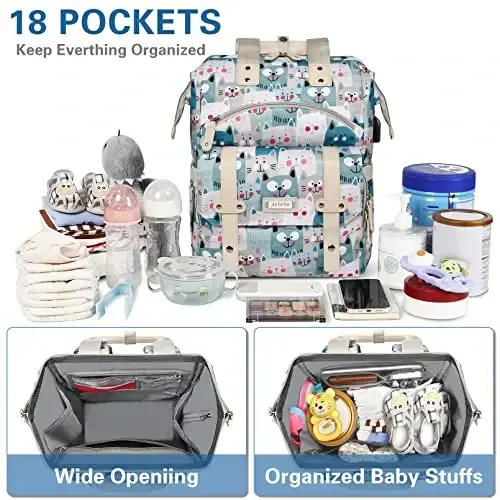 Jiefeike Diaper Bag Backpack,Baby Bags for Mom Dad Girls Boys,15.6inch Cat Dog Travel Baby Diaper Bags with Insulated Pockets,USB Charging Port,RFID Anti-Theft Water-Resistant Pocket - 2