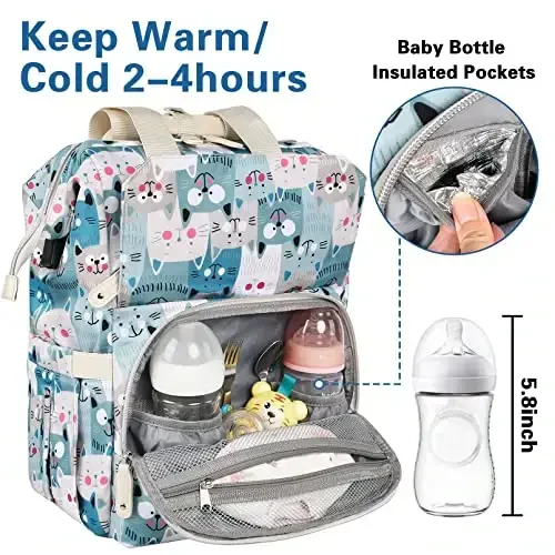 Jiefeike Diaper Bag Backpack,Baby Bags for Mom Dad Girls Boys,15.6inch Cat Dog Travel Baby Diaper Bags with Insulated Pockets,USB Charging Port,RFID Anti-Theft Water-Resistant Pocket - 3