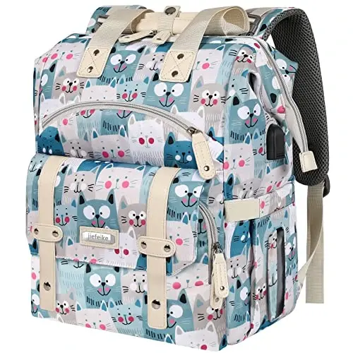 Jiefeike Diaper Bag Backpack,Baby Bags for Mom Dad Girls Boys,15.6inch Cat Dog Travel Baby Diaper Bags with Insulated Pockets,USB Charging Port,RFID Anti-Theft Water-Resistant Pocket - JIEFEIKE