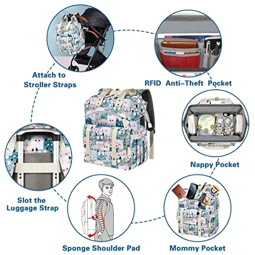 Jiefeike Diaper Bag Backpack,Baby Bags for Mom Dad Girls Boys,15.6inch Cat Dog Travel Baby Diaper Bags with Insulated Pockets,USB Charging Port,RFID Anti-Theft Water-Resistant Pocket - 6
