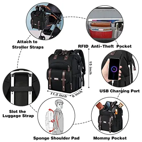 Jiefeike Diaper Bag Backpack, Baby Boys Girls Portable Baby Nappy Bags, Dad Mom Backpack Diaper Bag with Insulated Pockets USB Charging Port RFID Anti-Theft Water-Resistant Pocket Stroller Straps - 6