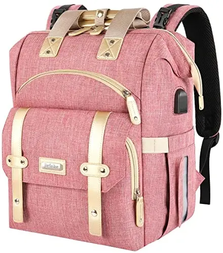 Jiefeike Diaper Bag Backpack, Pink Baby Girls Diaper Bag for Mom, Travel Baby Bags Backpack for Women, Insulated Pockets Portable toddler diaper bag with USB Charging Port, RFID Anti-Theft Pocket - 6