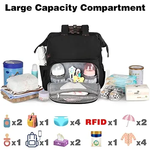Jiefeike Diaper Bag Backpack, Baby Boys Girls Portable Baby Nappy Bags, Dad Mom Backpack Diaper Bag with Insulated Pockets USB Charging Port RFID Anti-Theft Water-Resistant Pocket Stroller Straps - 2