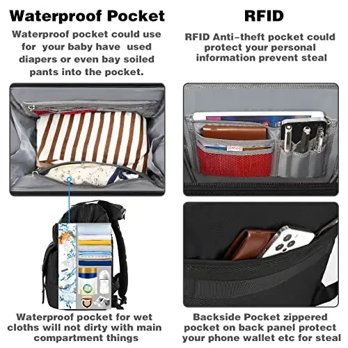 Jiefeike Diaper Bag Backpack, Baby Boys Girls Portable Baby Nappy Bags, Dad Mom Backpack Diaper Bag with Insulated Pockets USB Charging Port RFID Anti-Theft Water-Resistant Pocket Stroller Straps - 5